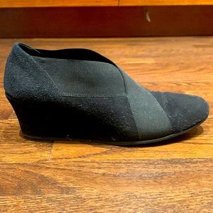 Black suede slip in shoe/booties with low wedge. Super comfortable